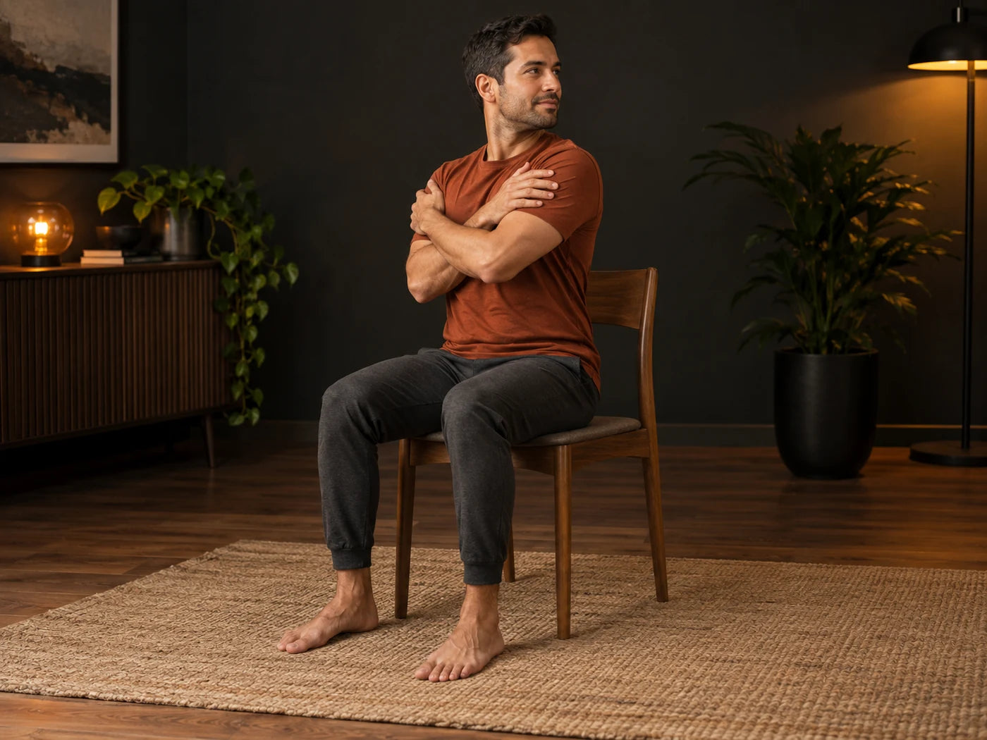 Man demonstrating a seated rotation